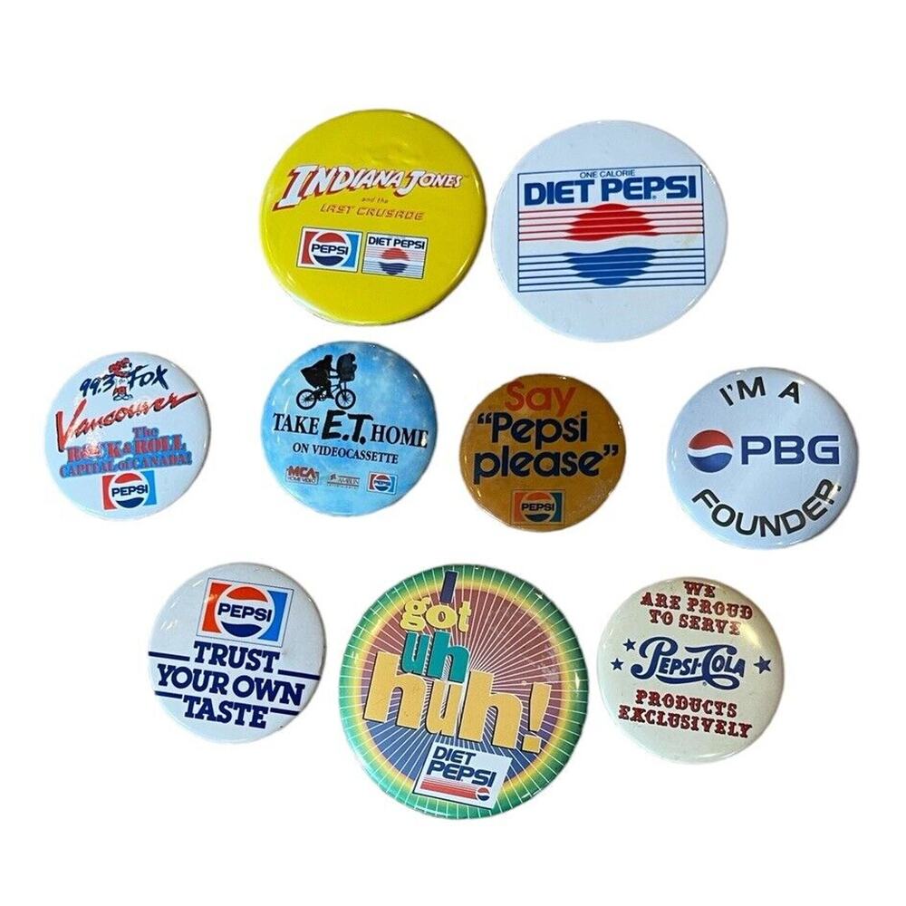 Vintage Lot Of 9 Pepsi Cola Advertising Buttons Pinbacks Pins ET Indiana Jones